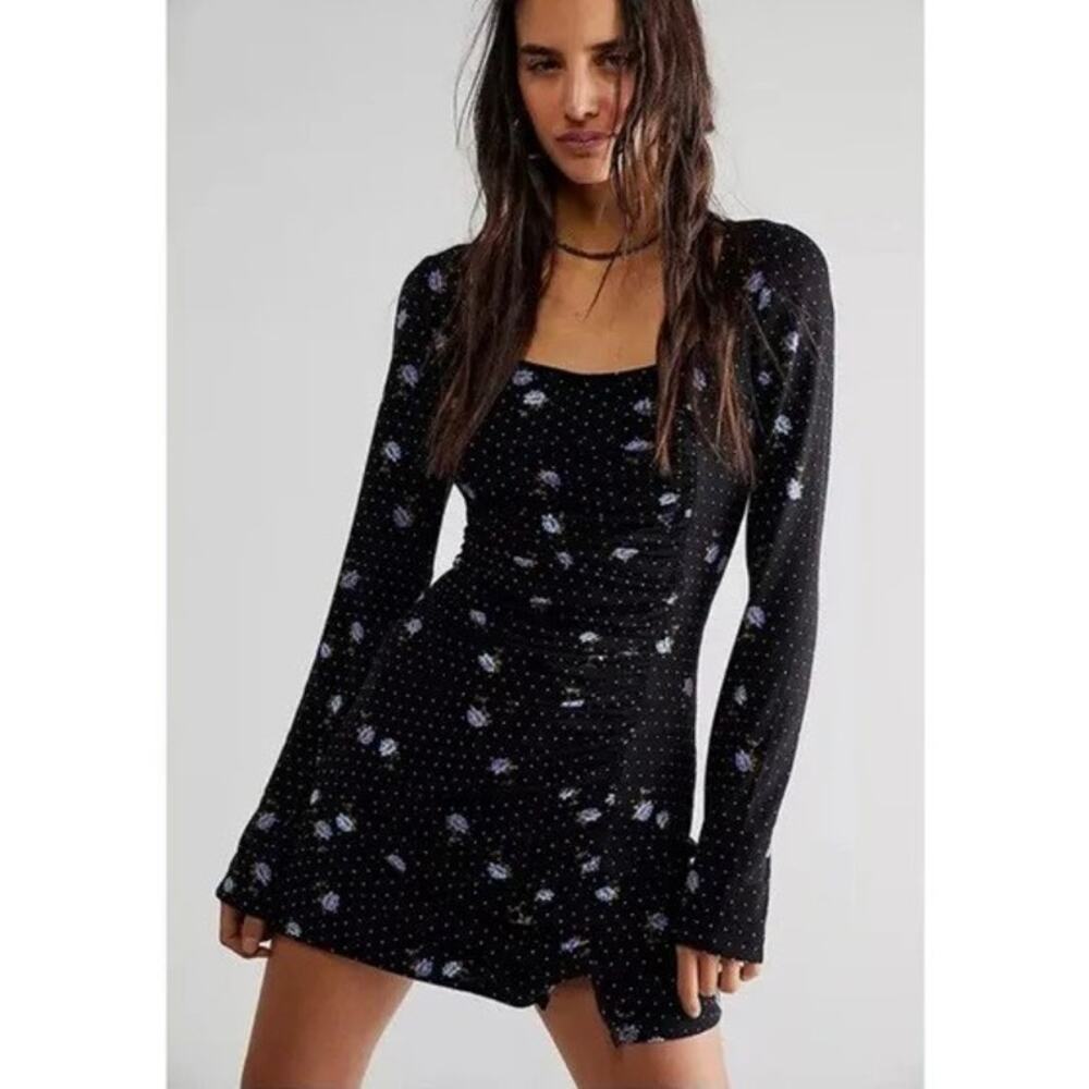 Free People Dress Medium Bodycon Floral Polka Dot Ruched Bell Sleeve Celia Y2K